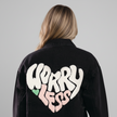 Statement denim jacket women Worry Less design