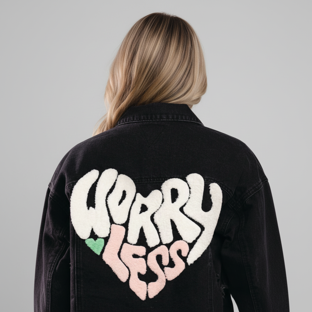 Statement denim jacket women Worry Less design