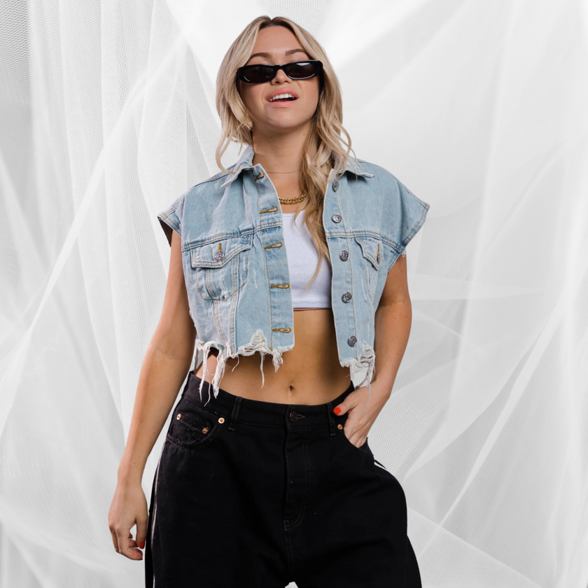 NEW YORK COLLAGE Crop Denim Vest – Cropped Distressed Oversized Jacket with 3D Fuzzy Patch - Adel Kasza Co