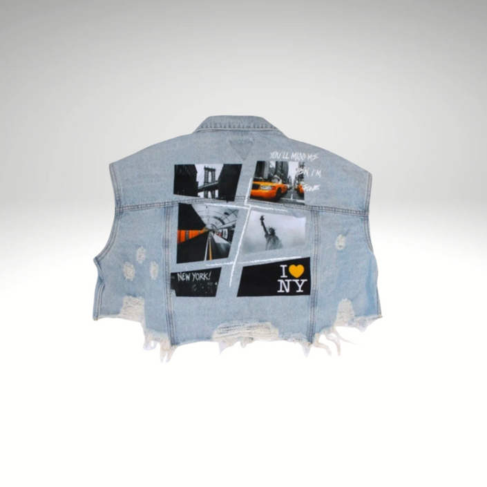 NEW YORK COLLAGE Crop Denim Vest – Cropped Distressed Oversized Jacket with 3D Fuzzy Patch - Adel Kasza Co