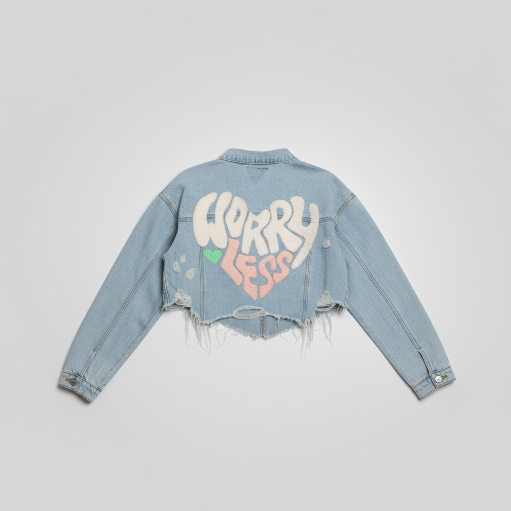 Woman wearing Worry Less cropped denim jacket back view