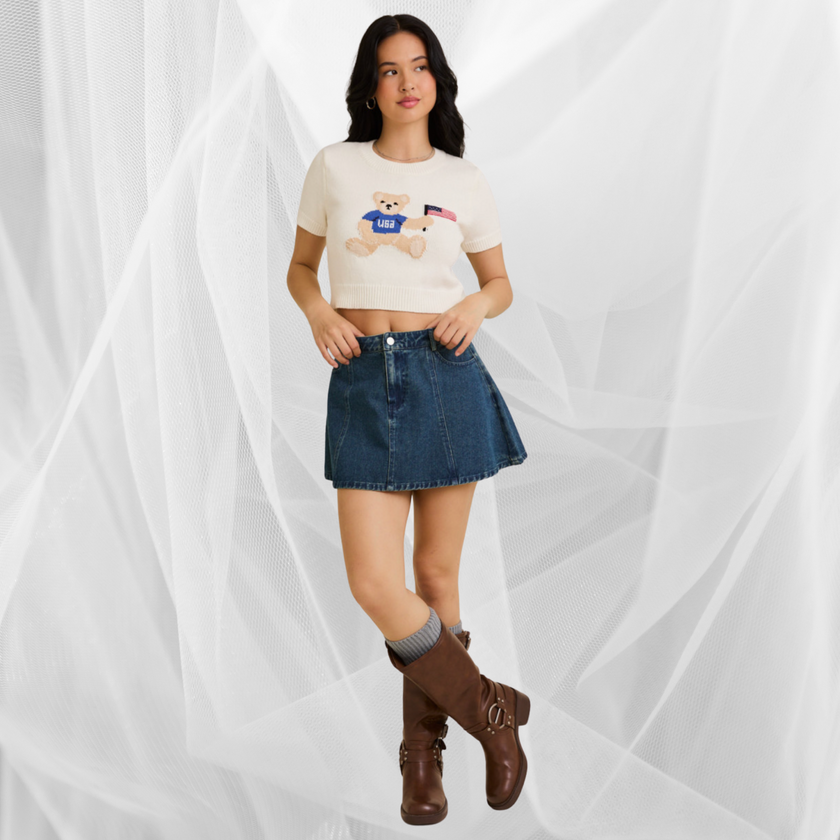 USA Teddy Bear Knit Crop Top – Patriotic Summer Statement Tee
